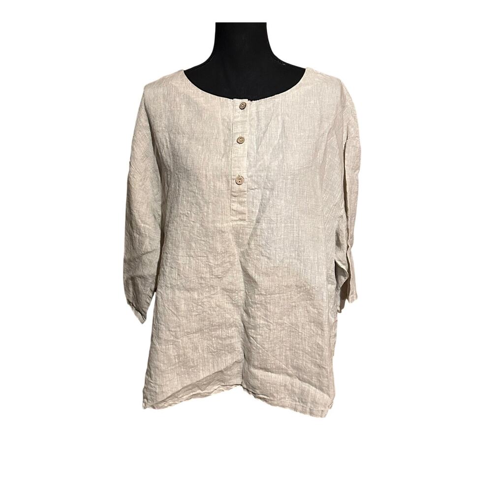 Vinglam 100% Linen Oatmeal Beige Short Sleeve Split V-Neck 2XLBoho Top